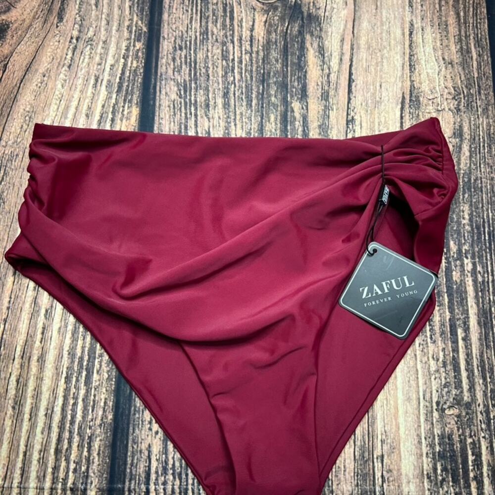 NWT Zaful Women's High Waisted Bikini‎ Bottoms Size 8 Burgundy Red